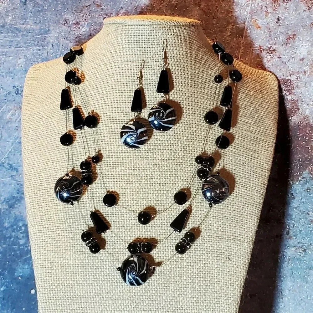 Art Deco Black Jet AB Czech Glass Baubles Multi Strand Necklace Earrings Set